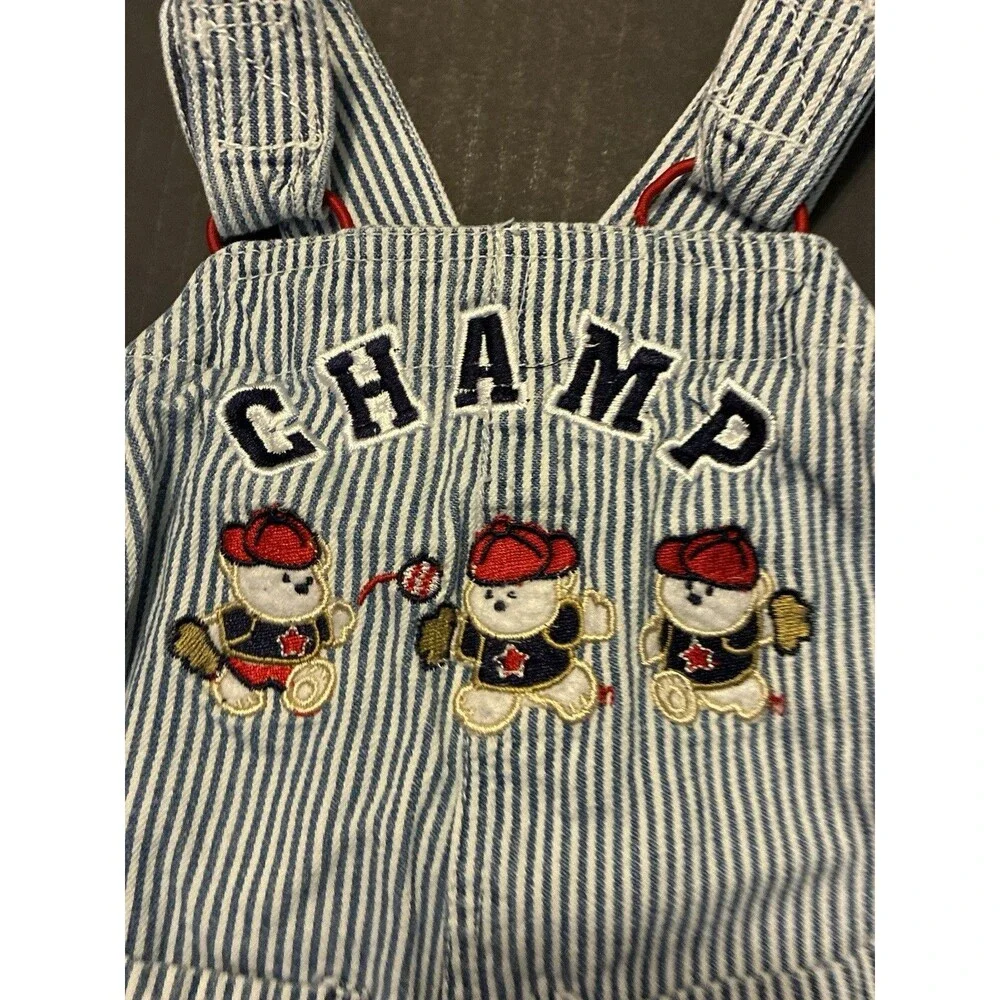 Vintage Baby Railroad Stripe Bubble Romper CHAMP Teddy Bear Embroidered Shortall